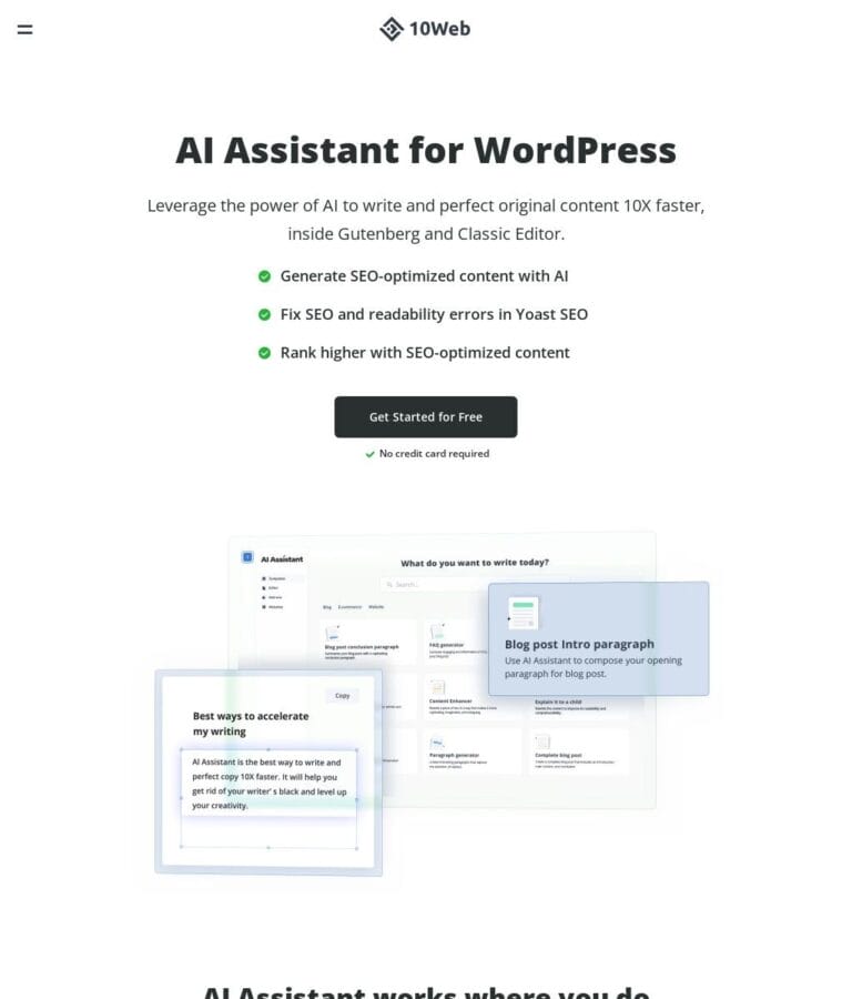 10Web AI Website Builder and Content Assistant create websites and generate unique, high-quality content using GPT-3 technology. Thumbnail Image