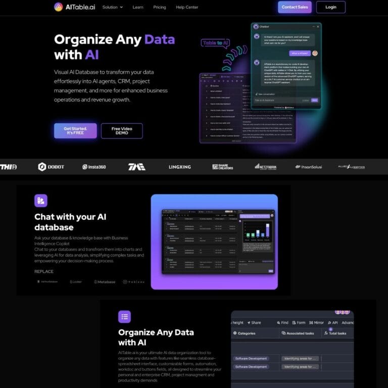 AITable AI: Customizable data management solutions for businesses, featuring intelligent chat, automated content creation, and advanced customer service tools to enhance efficiency and productivity. Thumbnail Image