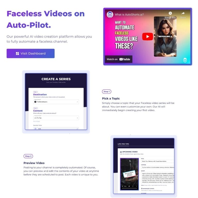 AutoShorts: AI platform to create custom faceless TikTok and YouTube videos, manage scripts, and handle multiple series easily. Thumbnail Image