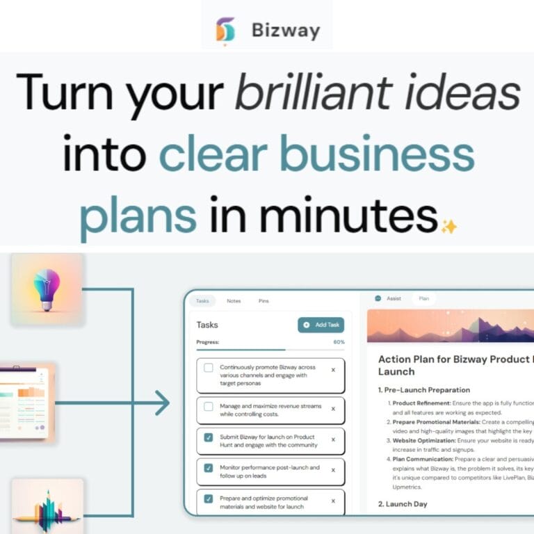 Bizway quickly transforms your business ideas into detailed plans, saving key information and generating documents in just a few clicks. Thumbnail Image