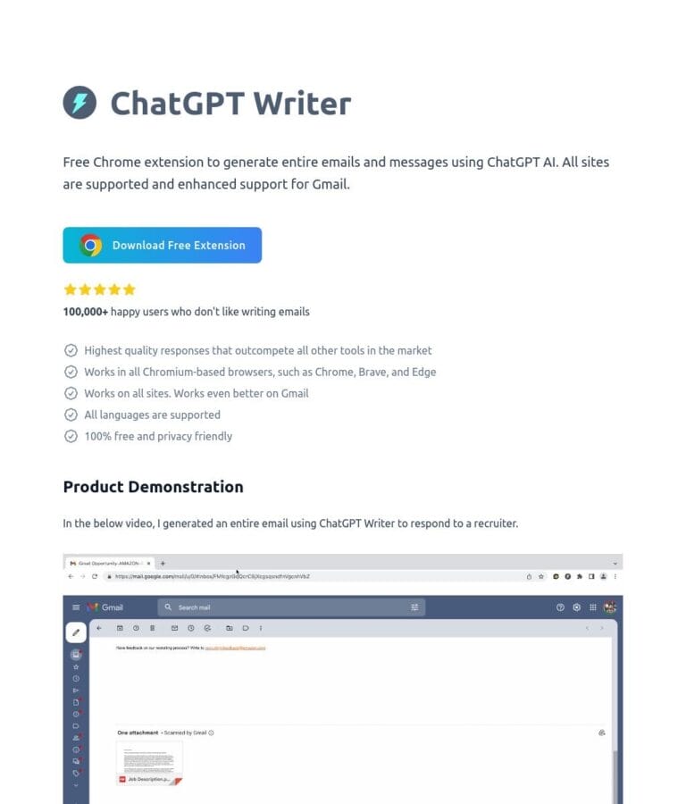 ChatGPT Writer: Free Chrome extension for AI-generated emails, messages, and sales pitches. Thumbnail Image