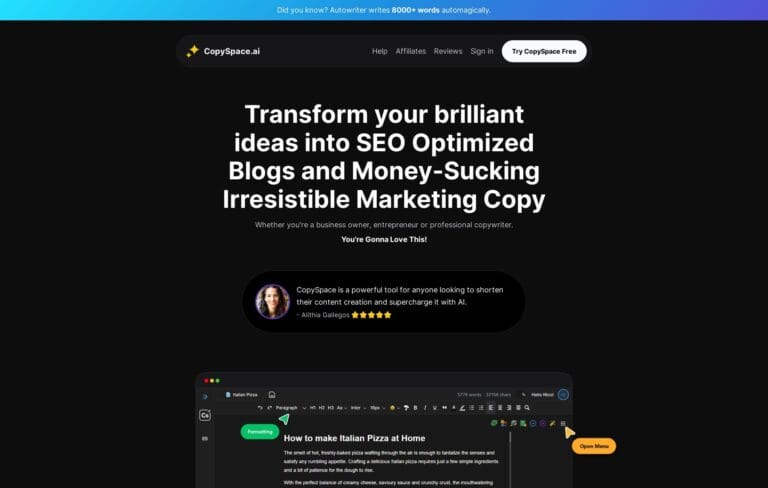 CopySpace: User-friendly AI copywriting tool for high ROI marketing blogs, supporting 100+ languages and 8000-word content creation with 100+ ready-made templates. Thumbnail Image