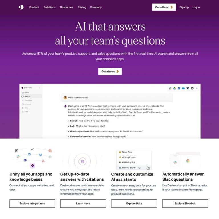 Dashworks: AI assistant for businesses that consolidates app data for real-time answers, ensuring security for engineering, sales, and support teams. Thumbnail Image