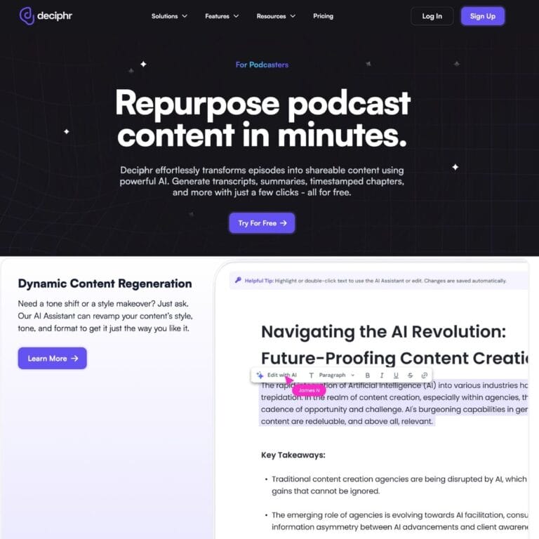 Deciphr transforms podcast audio into shareable transcripts, summaries, and audiograms for easy online distribution. Thumbnail Image