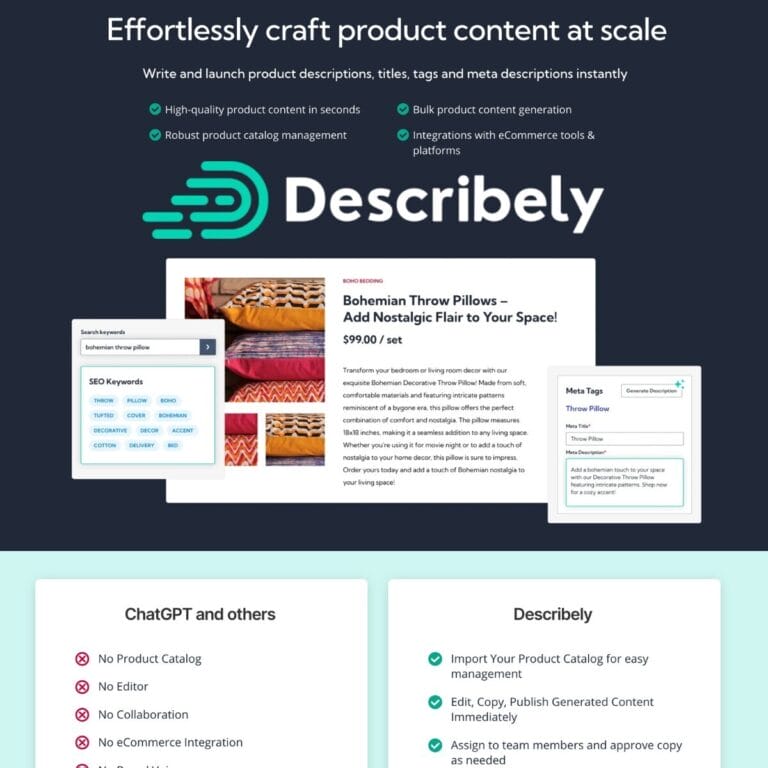 AI-powered product description generator for easy catalog management, team collaboration, eCommerce integration, brand voice customization, SEO optimization, and bulk content creation. Thumbnail Image