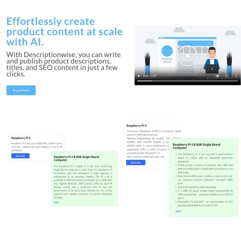 DescriptionWise: An AI tool for fast, high-quality content creation in eCommerce with bulk production, multi-language support, and seamless platform integration. Thumbnail Image