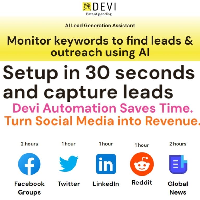 Devi AI captures quality leads from social media with quick setup, keyword tracking, and easy scheduling. Thumbnail Image