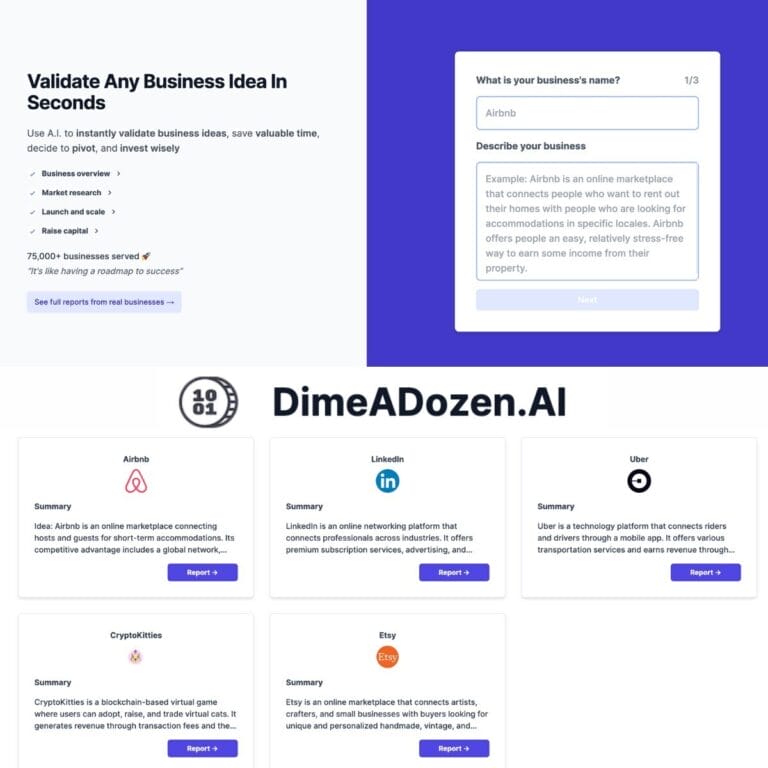 DimeADozen AI quickly validates business ideas using GPT-4 data analysis, providing market reports while keeping ideas confidential, trusted by 75,000+ businesses. Thumbnail Image