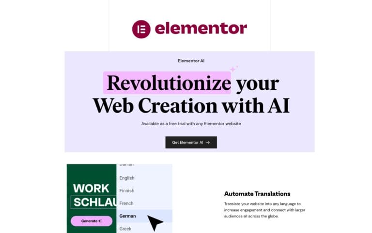 Elementor AI: An advanced WordPress page builder with native AI for generating text, code, and images, plus smart branding and measurement automation. Thumbnail Image