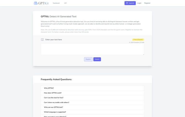 GPTKit: Free AI text detection tool that accurately identifies machine-generated content using six methods and provides authenticity reports. Thumbnail Image