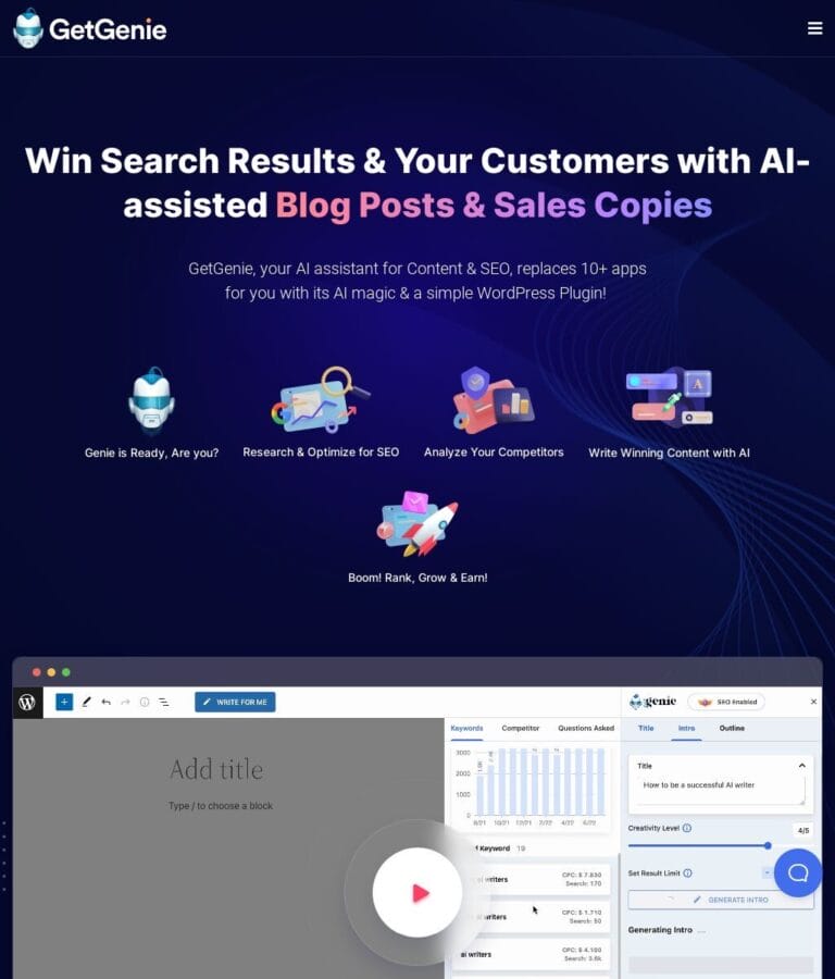 Genie: AI WordPress plugin for keyword analysis, competitor insights, blog writing, meta descriptions, and social media content. Thumbnail Image