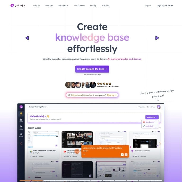 Guidejar: AI-powered platform for creating interactive demos and step-by-step guides to boost user onboarding and product marketing. Thumbnail Image