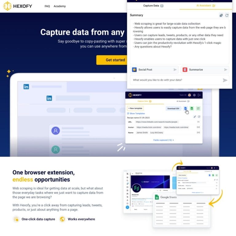 Hexofy: One-click browser extension for web scraping, data extraction, Google Sheets integration, and AI-assisted summaries. Thumbnail Image