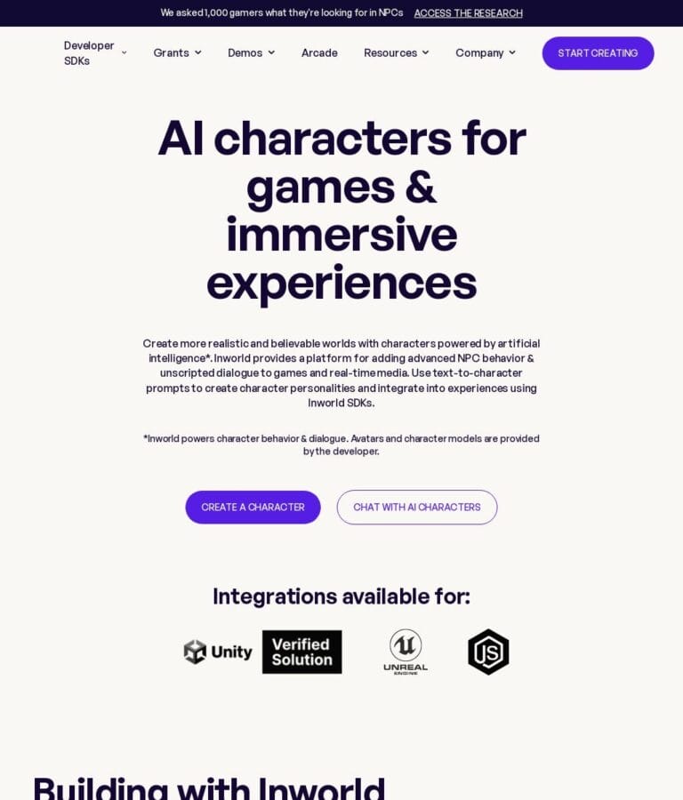 Inworld: AI platform for developers to create realistic characters with customizable personalities and voices for games and virtual worlds. Thumbnail Image