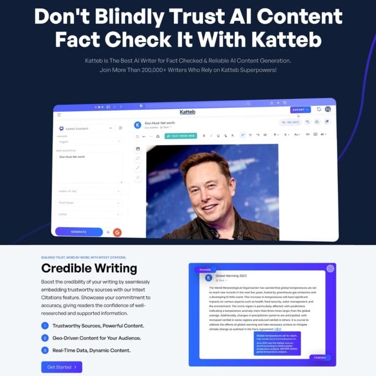 Katteb AI Writer checks facts before writing, covers current events, and uses real-time data for content creation from the internet or YouTube. Thumbnail Image