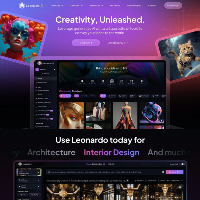 Leonardo offers advanced image generation and editing tools, with customizable models for video and art in multiple styles. Thumbnail Image