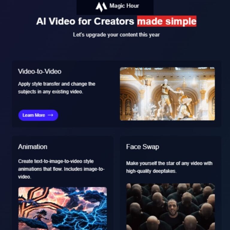 Magic Hour Console: Easy-to-use video editing tool with Video-to-Video, Animation, Face Swap, and Text-to-Video features for creators. Thumbnail Image