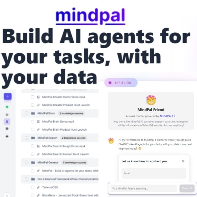 Create custom AI agents with MindPal using your data, no coding needed. Integrate web search, customize instructions, and easily embed chatbots. Thumbnail Image