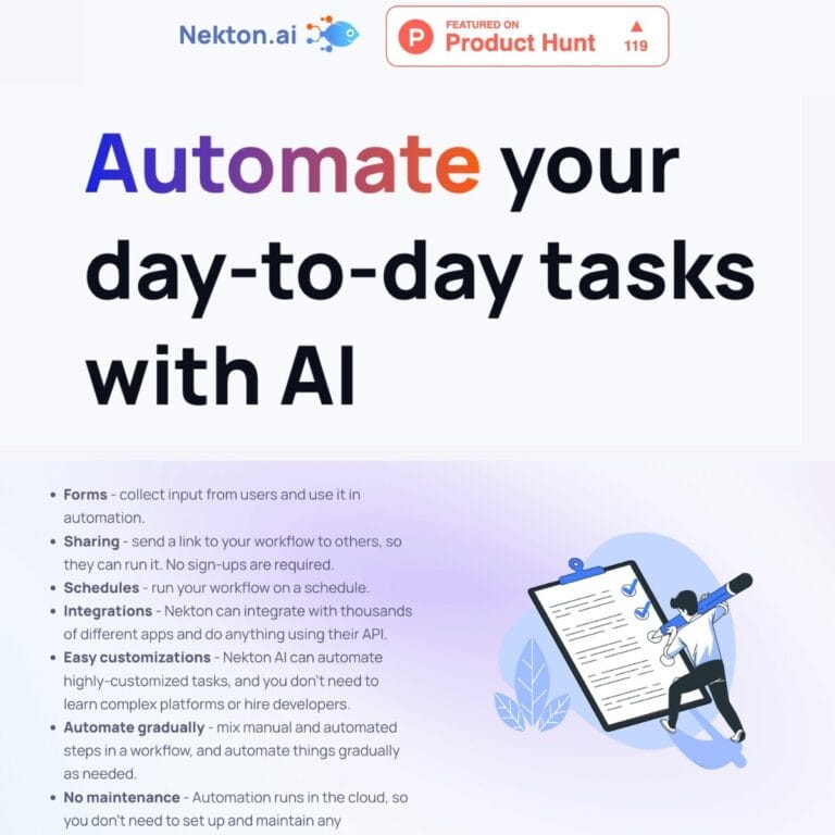 Nekton AI automates business and personal tasks in plain English, integrating with many services to streamline workflows, build prototypes, and gather user feedback. Thumbnail Image