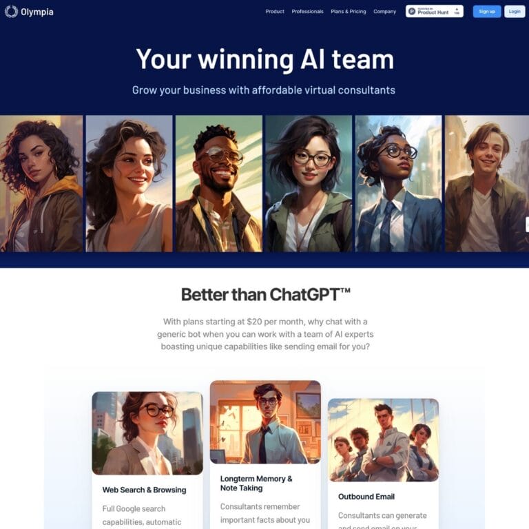 Affordable AI virtual consultants by Olympia help businesses and solopreneurs increase productivity without hiring extra staff. Thumbnail Image