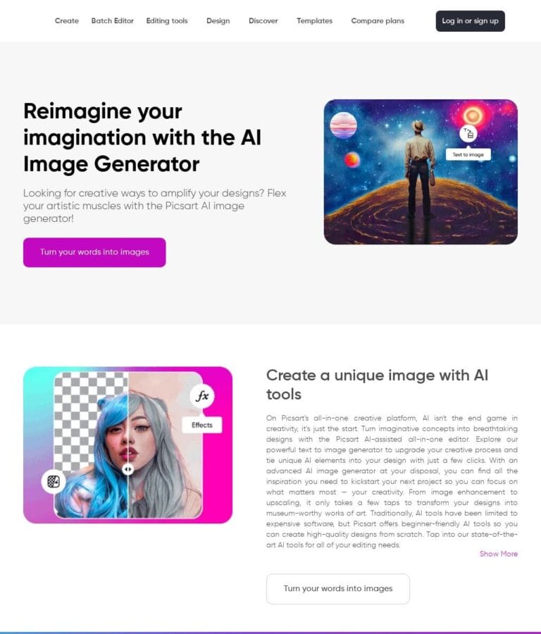 Picsart: AI-powered editing tools for professional graphics, including video editing, image enhancement, and AI avatars, in 30 languages. Thumbnail Image