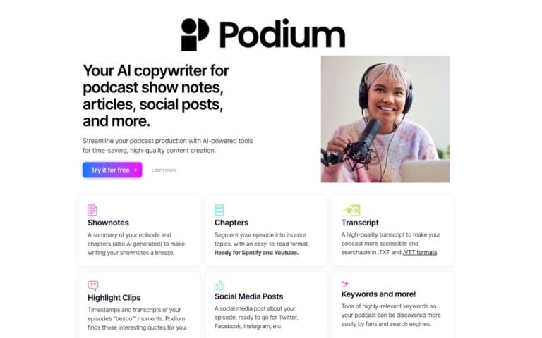 Podium: AI copywriter for podcasts that cuts costs, boosts audience reach, and automates production. Thumbnail Image