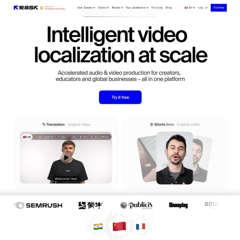 Rask is an AI platform for easy video localization with voiceovers, subtitles, and dubbing in multiple languages. Thumbnail Image