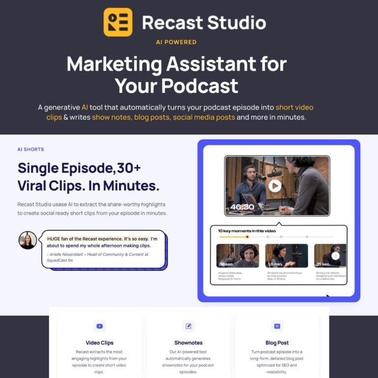 Recast Studio converts podcasts into engaging video clips, blog posts, and social media content to boost your brand's visibility and engagement. Thumbnail Image