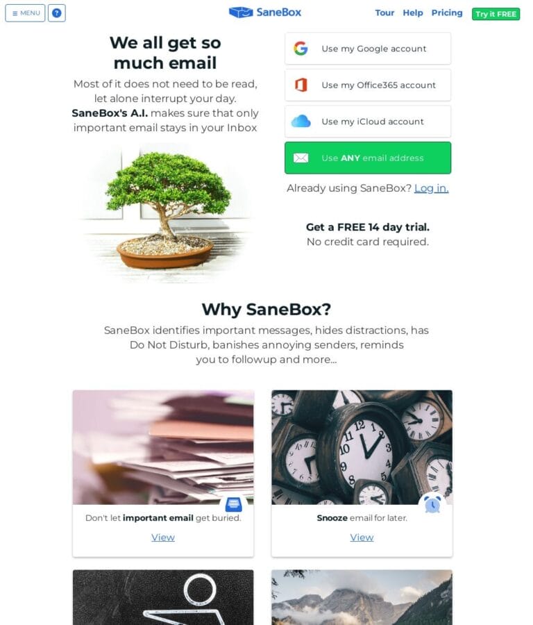 SaneBox filters important emails, hides distractions, blocks annoying senders, and reminds you of pending replies. Thumbnail Image