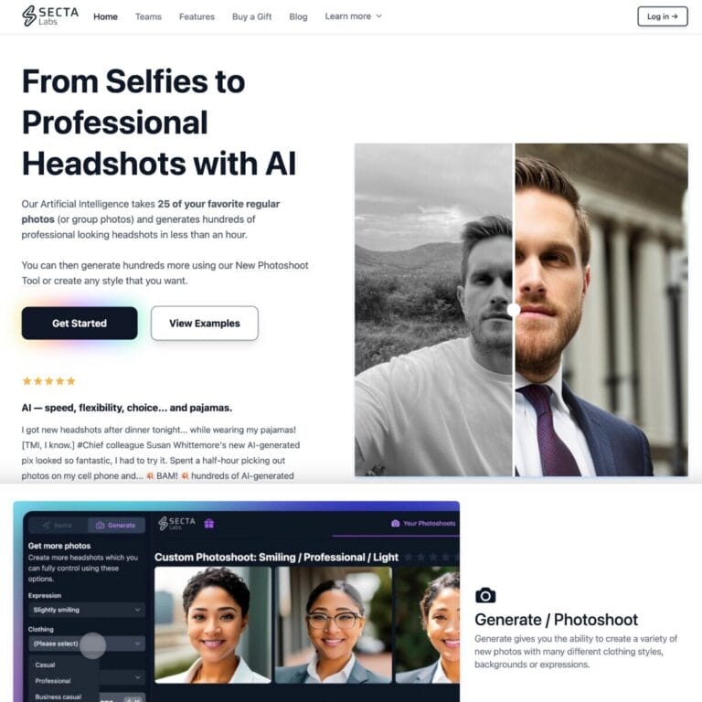 Secta Labs AI tool transforms selfies into professional headshots in hours, offering various styles in a private gallery. Thumbnail Image