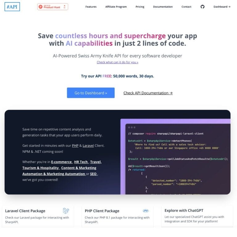 SharpAPI: An AI tool for developers that simplifies app enhancement with minimal coding, focusing on automation and content generation. Thumbnail Image