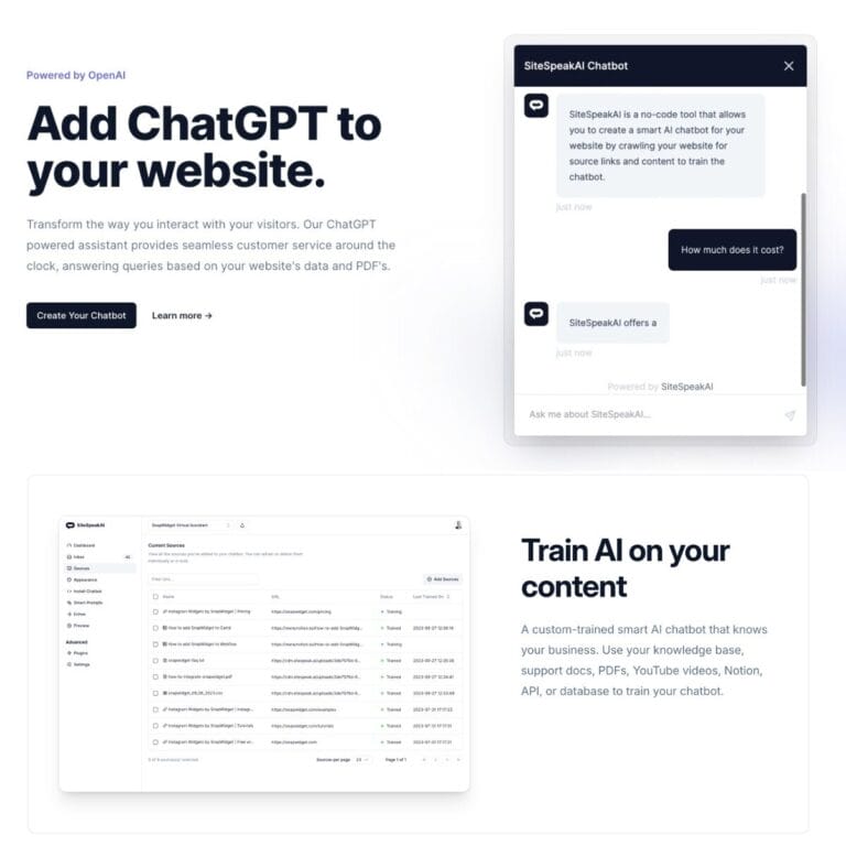 SiteSpeakAI: A 24/7 ChatGPT-powered chatbot for real-time website support, boosting customer interaction and conversions with easy setup and analytics. Thumbnail Image