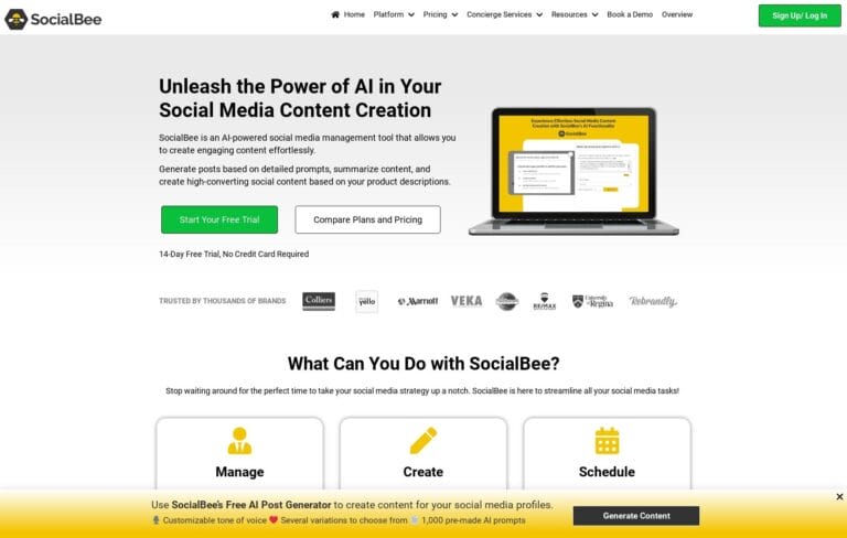 SocialBee's AI post generator creates tailored social media content based on your topics and keywords for consistent engagement. Thumbnail Image