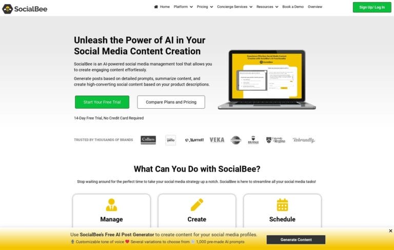 SocialBee's AI post generator creates tailored social media content based on your topics and keywords for consistent engagement. Thumbnail Image