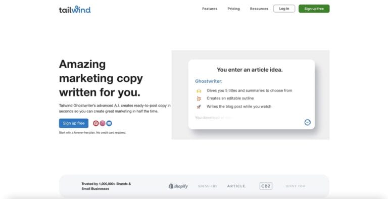 Tailwind App's Ghostwriter feature uses AI for quick SEO copywriting, ads, and social media posts to enhance your marketing. Thumbnail Image