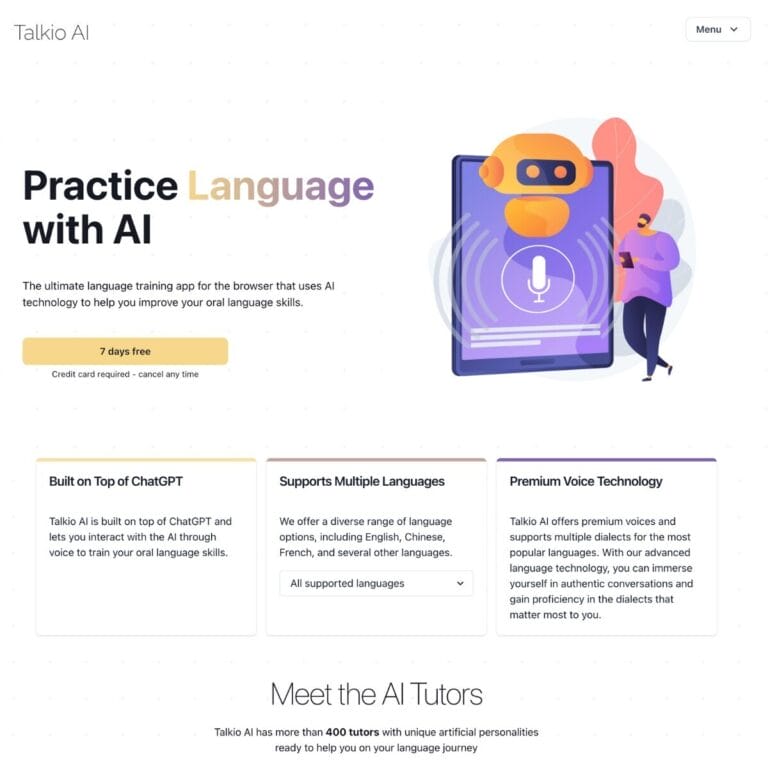 Talkio AI: Instant language practice with AI tutors for native-like conversation skills. Thumbnail Image