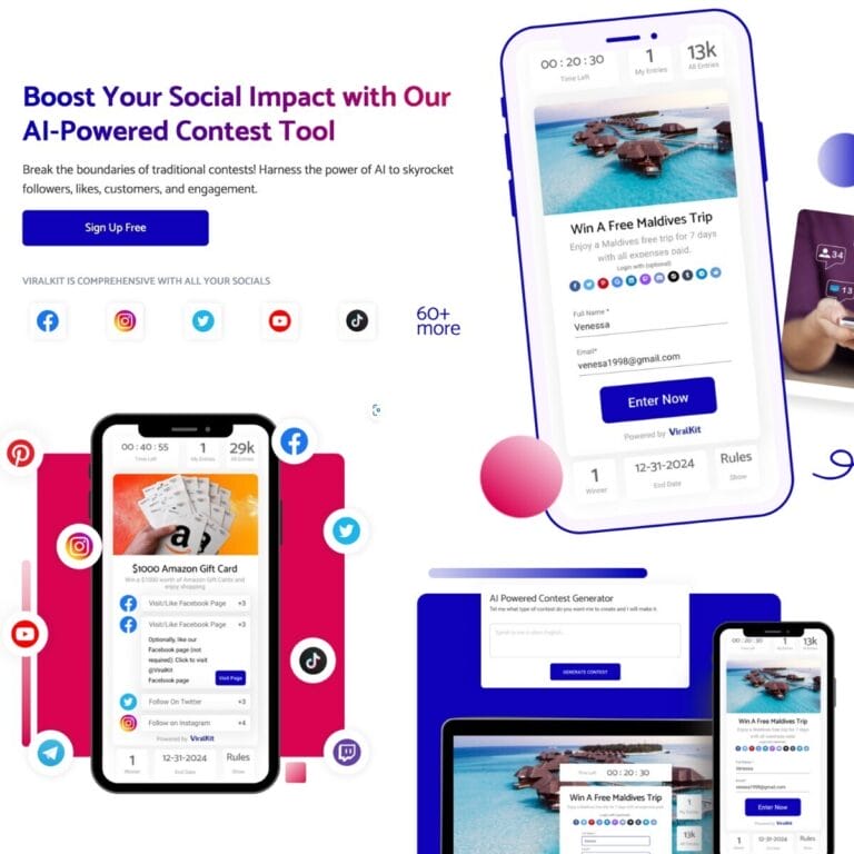 ViralKit: AI contest tool for 60+ social platforms with viral giveaways, integrations, and custom forms for effective marketing campaigns. Thumbnail Image