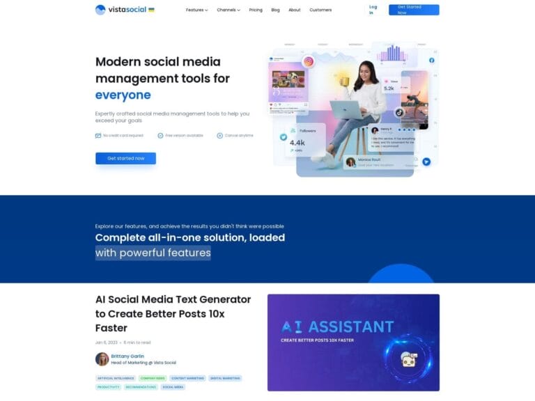 Vista Social: AI-powered social media management tool for creating engaging posts, paraphrasing top content, and automating responses to comments. Thumbnail Image