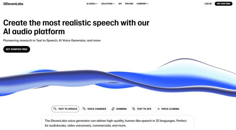 ElevenLabs provides an AI audio platform for text-to-speech, voice cloning, and dubbing in 32 languages, ideal for creators and businesses. Thumbnail Image