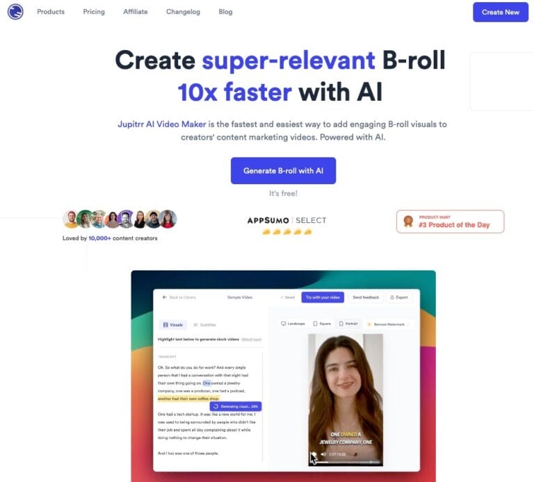 Jupitrr AI generates relevant B-roll for content marketing videos, including stock footage and GIFs, 10x faster for creators. Thumbnail Image