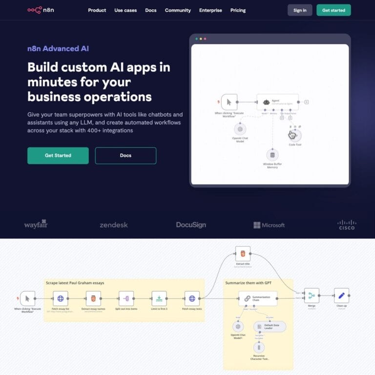 n8n is an open-source automation tool that connects apps for easy workflow creation, featuring AI integrations from OpenAI and Hugging Face. Thumbnail Image