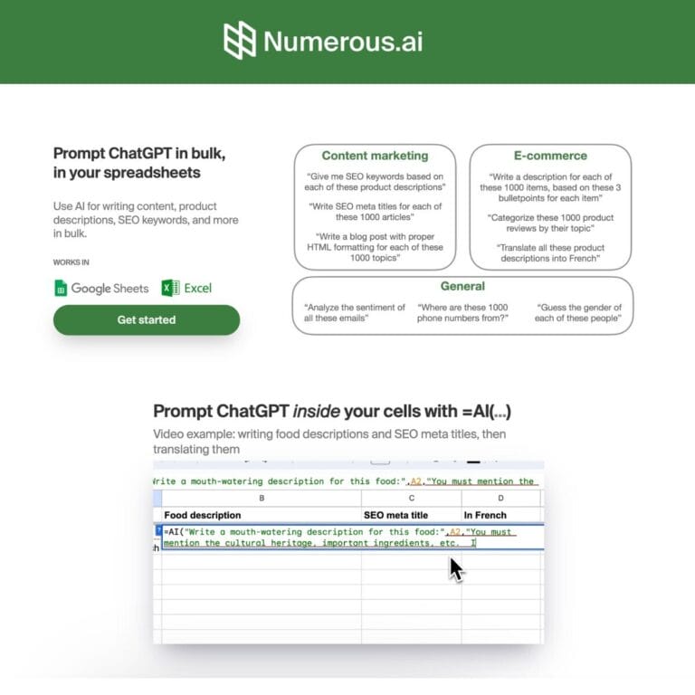 Boost productivity in Google Sheets and Excel with Numerous.ai, an AI plugin for easy data management and bulk content generation. Thumbnail Image