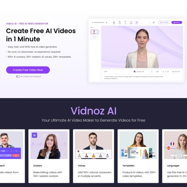 Vidnoz: An AI video maker for text-to-video conversion with realistic avatars, 100+ voiceovers, 200+ templates, and support for 23+ languages. Thumbnail Image